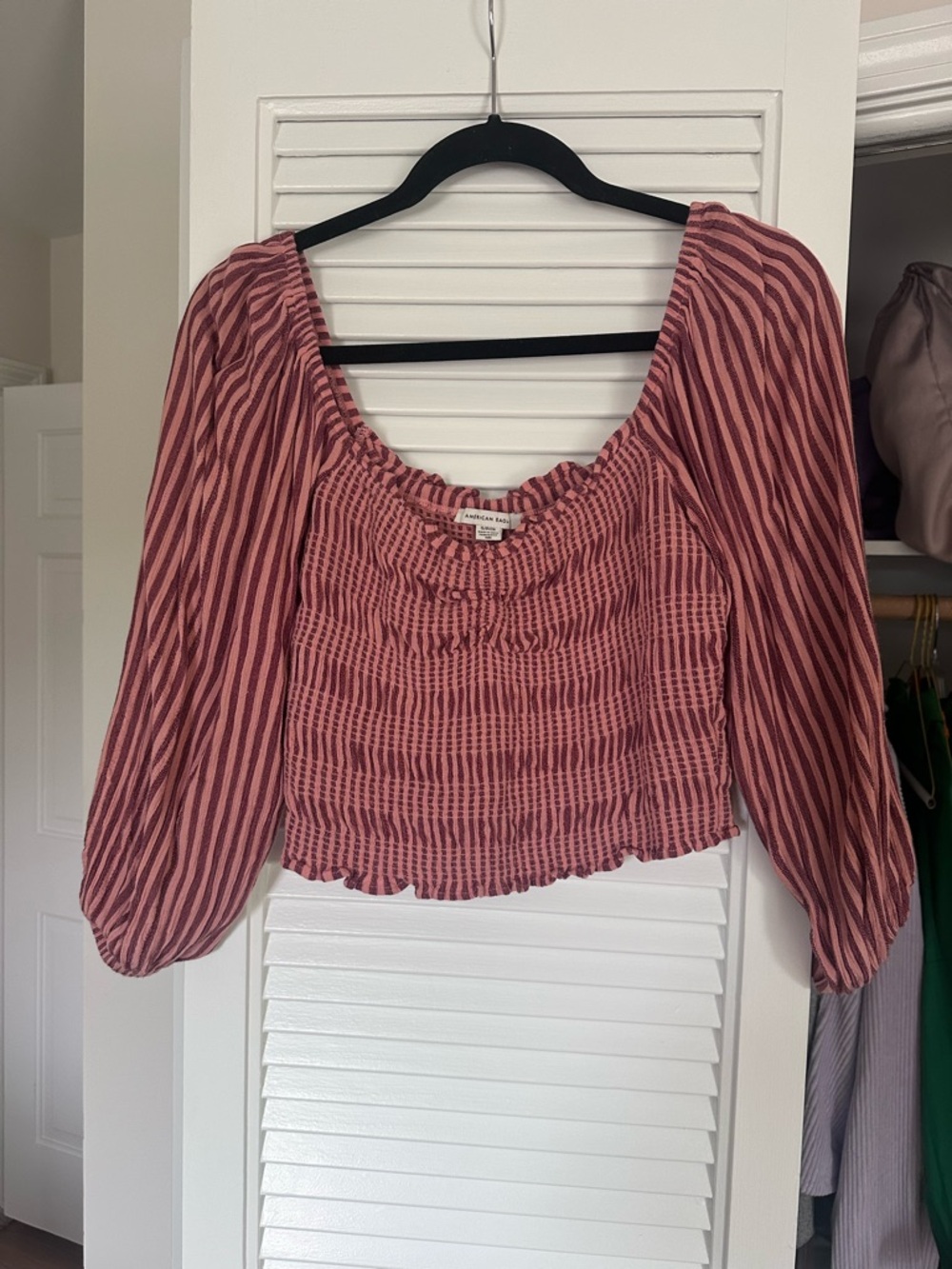 American Eagle Outfitters Pink & Burgundy Smocked Square-Neck Blouse